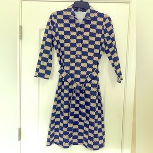 J.McLaughlin, Small, Navy/gold, 3/4 sleeve, shirt dress, tie waste